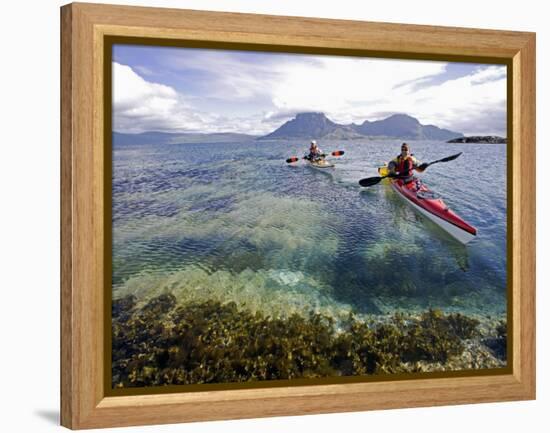 Nordland, Helgeland, Sea Kayakers Explore Calm Coastal Waters of Southern Nordland, Norway-Mark Hannaford-Framed Premier Image Canvas