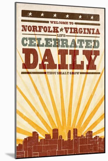 Norfolk, Virginia - Skyline and Sunburst Screenprint Style-Lantern Press-Mounted Art Print