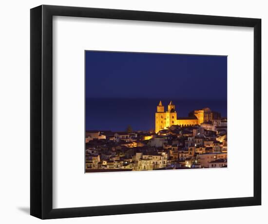 Norman Cathedral Lit Up at Dusk, Cefalu, Sicily, Italy, Mediterranean, Europe-John Miller-Framed Photographic Print