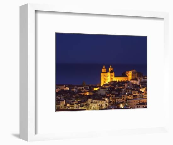 Norman Cathedral Lit Up at Dusk, Cefalu, Sicily, Italy, Mediterranean, Europe-John Miller-Framed Photographic Print