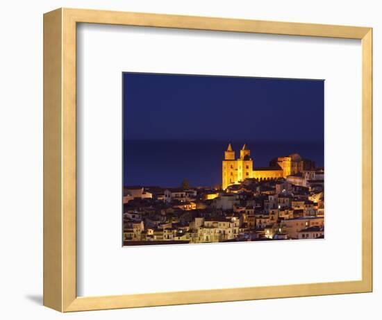 Norman Cathedral Lit Up at Dusk, Cefalu, Sicily, Italy, Mediterranean, Europe-John Miller-Framed Photographic Print
