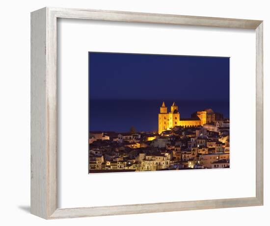 Norman Cathedral Lit Up at Dusk, Cefalu, Sicily, Italy, Mediterranean, Europe-John Miller-Framed Photographic Print