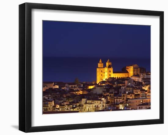 Norman Cathedral Lit Up at Dusk, Cefalu, Sicily, Italy, Mediterranean, Europe-John Miller-Framed Photographic Print