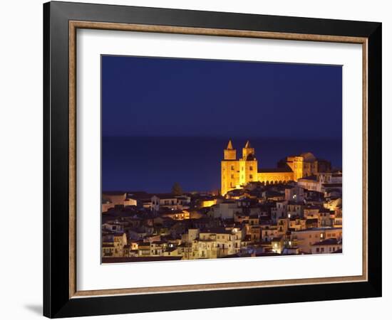 Norman Cathedral Lit Up at Dusk, Cefalu, Sicily, Italy, Mediterranean, Europe-John Miller-Framed Photographic Print