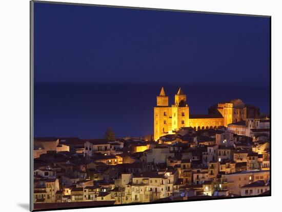 Norman Cathedral Lit Up at Dusk, Cefalu, Sicily, Italy, Mediterranean, Europe-John Miller-Mounted Photographic Print