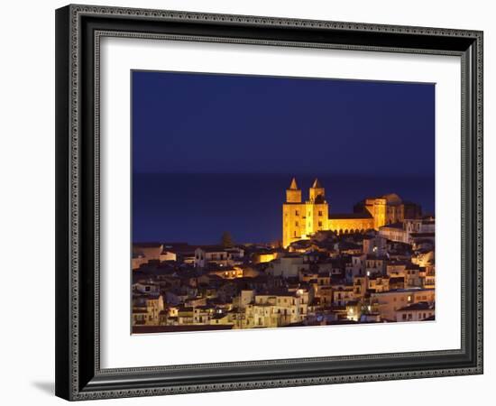 Norman Cathedral Lit Up at Dusk, Cefalu, Sicily, Italy, Mediterranean, Europe-John Miller-Framed Photographic Print