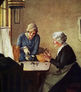Fruit of the Vine (or Mother and Daughter Pouring Raisins at Table) by Norman Rockwell