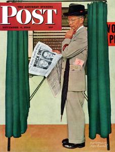 "Undecided" Saturday Evening Post Cover, November 4, 1944.  Man in voting booth w/newspaper. by Norman Rockwell