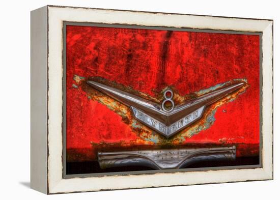 North America, USA, Georgia, Hood ornament on old rusted red Plymouth car at Old Car City.-Joanne Wells-Framed Premier Image Canvas