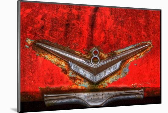 North America, USA, Georgia, Hood ornament on old rusted red Plymouth car at Old Car City.-Joanne Wells-Mounted Photographic Print