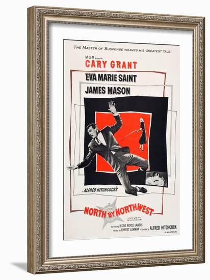 North by Northwest, Cary Grant, Eva Marie Saint on poster art, 1959-null-Framed Art Print