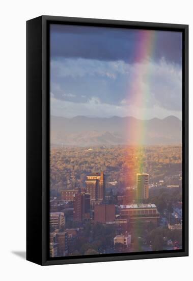 North Carolina, Asheville, Elevated City Skyline with Rainbows, Dawn-Walter Bibikow-Framed Premier Image Canvas