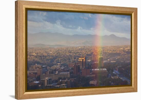 North Carolina, Asheville, Elevated City Skyline with Rainbows, Dawn-Walter Bibikow-Framed Premier Image Canvas