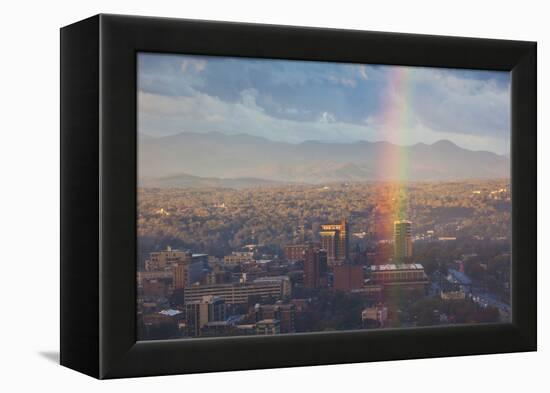 North Carolina, Asheville, Elevated City Skyline with Rainbows, Dawn-Walter Bibikow-Framed Premier Image Canvas