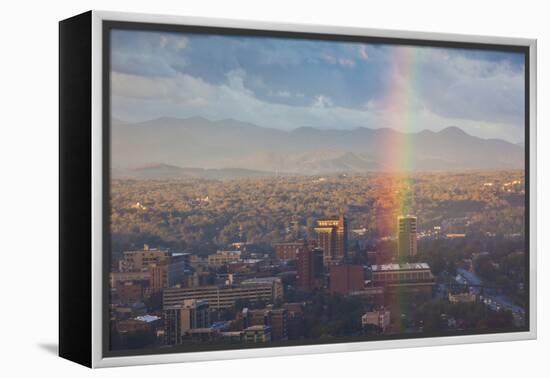 North Carolina, Asheville, Elevated City Skyline with Rainbows, Dawn-Walter Bibikow-Framed Premier Image Canvas