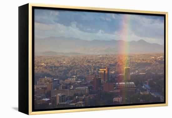 North Carolina, Asheville, Elevated City Skyline with Rainbows, Dawn-Walter Bibikow-Framed Premier Image Canvas