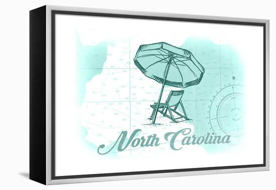 North Carolina - Beach Chair and Umbrella - Teal - Coastal Icon-Lantern Press-Framed Stretched Canvas