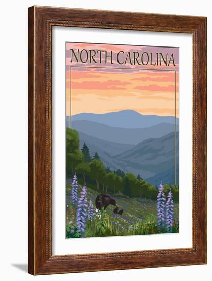 North Carolina - Bear and Cubs with Spring Flowers-Lantern Press-Framed Premium Giclee Print