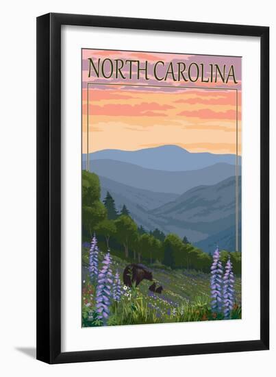 North Carolina - Bear and Cubs with Spring Flowers-Lantern Press-Framed Premium Giclee Print