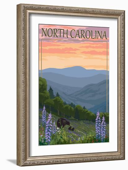 North Carolina - Bear and Cubs with Spring Flowers-Lantern Press-Framed Art Print