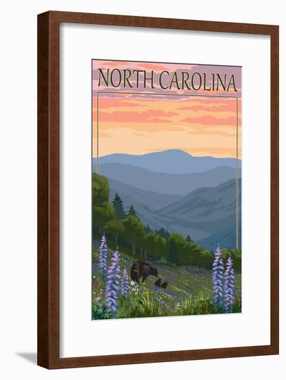 North Carolina - Bear and Cubs with Spring Flowers-Lantern Press-Framed Art Print