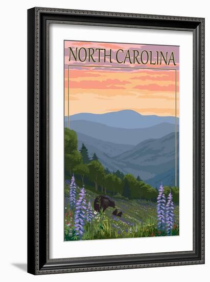 North Carolina - Bear and Cubs with Spring Flowers-Lantern Press-Framed Art Print