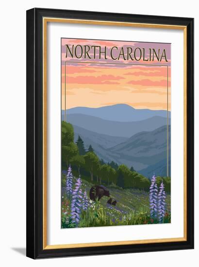 North Carolina - Bear and Cubs with Spring Flowers-Lantern Press-Framed Art Print