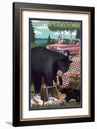 North Carolina - Bear and Picnic Scene-Lantern Press-Framed Art Print
