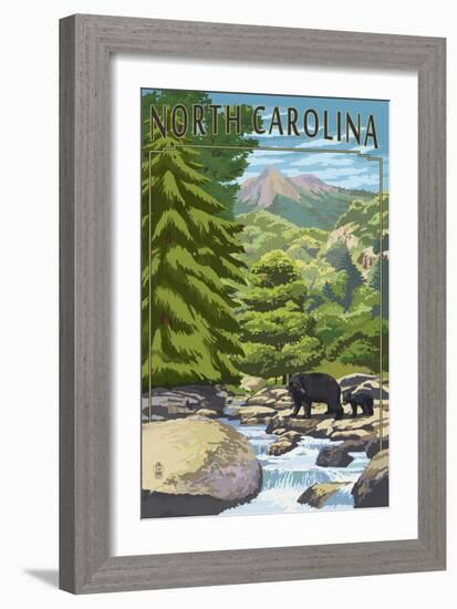 North Carolina - Bears and Creek-Lantern Press-Framed Art Print