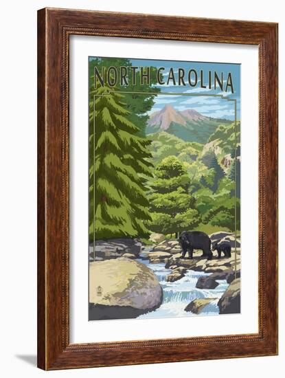 North Carolina - Bears and Creek-Lantern Press-Framed Art Print