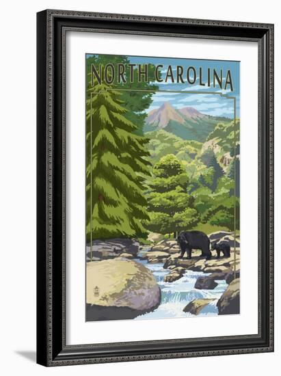 North Carolina - Bears and Creek-Lantern Press-Framed Art Print