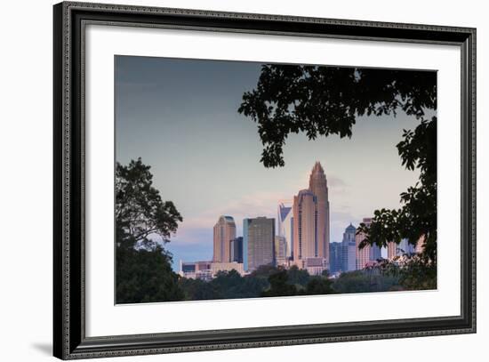 North Carolina, Charlotte, Elevated View of the City Skyline at Dusk-Walter Bibikow-Framed Photographic Print