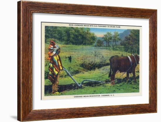 North Carolina - Cherokee Farmer with Ox-Drawn Plow-Lantern Press-Framed Art Print