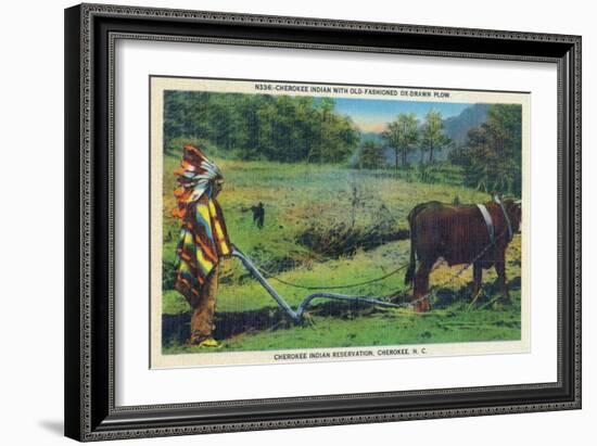 North Carolina - Cherokee Farmer with Ox-Drawn Plow-Lantern Press-Framed Art Print