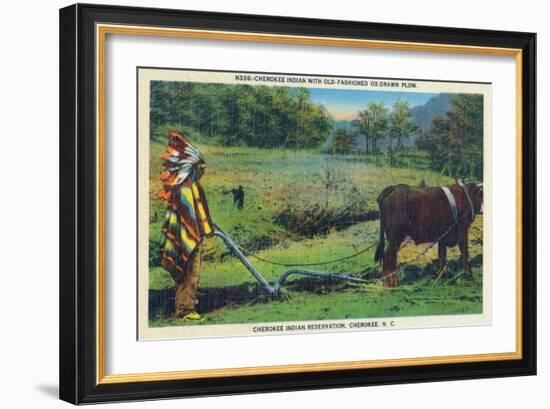 North Carolina - Cherokee Farmer with Ox-Drawn Plow-Lantern Press-Framed Art Print