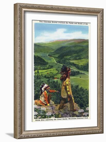 North Carolina - Cherokee Men Overlooking Fields near Great Smoky Mt. Nat'l Park-Lantern Press-Framed Art Print