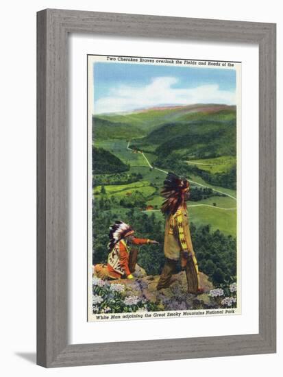 North Carolina - Cherokee Men Overlooking Fields near Great Smoky Mt. Nat'l Park-Lantern Press-Framed Art Print