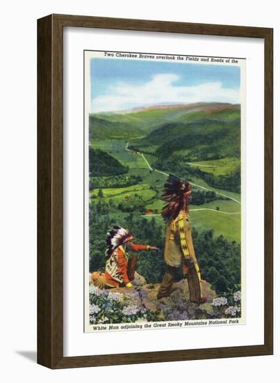 North Carolina - Cherokee Men Overlooking Fields near Great Smoky Mt. Nat'l Park-Lantern Press-Framed Art Print