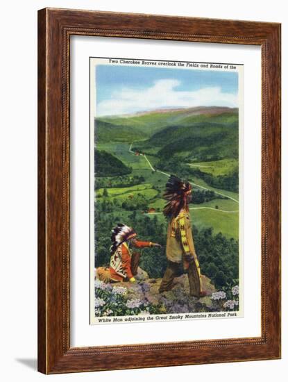 North Carolina - Cherokee Men Overlooking Fields near Great Smoky Mt. Nat'l Park-Lantern Press-Framed Art Print