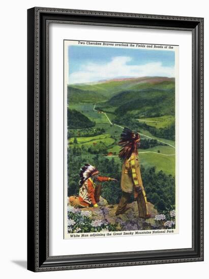 North Carolina - Cherokee Men Overlooking Fields near Great Smoky Mt. Nat'l Park-Lantern Press-Framed Art Print