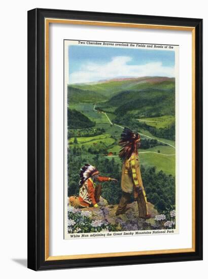 North Carolina - Cherokee Men Overlooking Fields near Great Smoky Mt. Nat'l Park-Lantern Press-Framed Art Print