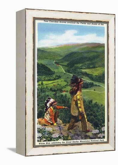 North Carolina - Cherokee Men Overlooking Fields near Great Smoky Mt. Nat'l Park-Lantern Press-Framed Stretched Canvas