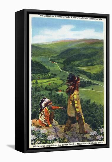 North Carolina - Cherokee Men Overlooking Fields near Great Smoky Mt. Nat'l Park-Lantern Press-Framed Stretched Canvas