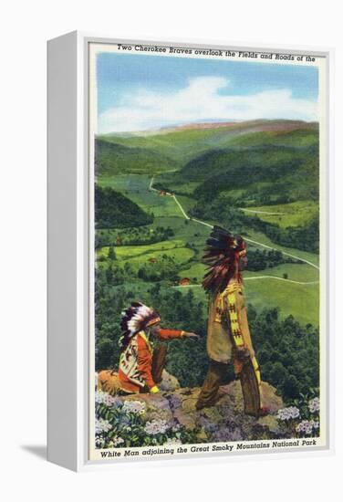 North Carolina - Cherokee Men Overlooking Fields near Great Smoky Mt. Nat'l Park-Lantern Press-Framed Stretched Canvas