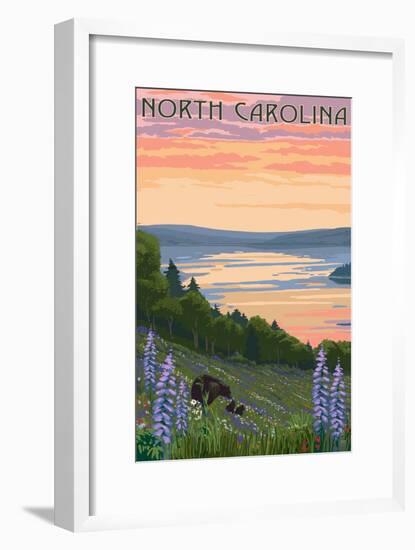 North Carolina - Lake and Bear Family-Lantern Press-Framed Art Print