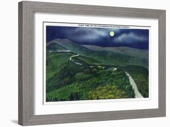 North Carolina - Moonlight Scene on the Picturesque Blue Ridge Parkway-Lantern Press-Framed Art Print