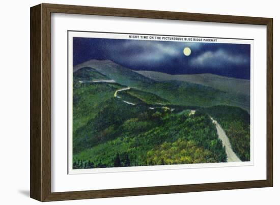 North Carolina - Moonlight Scene on the Picturesque Blue Ridge Parkway-Lantern Press-Framed Art Print
