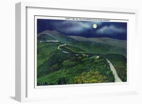 North Carolina - Moonlight Scene on the Picturesque Blue Ridge Parkway-Lantern Press-Framed Art Print