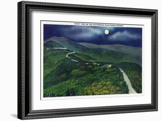 North Carolina - Moonlight Scene on the Picturesque Blue Ridge Parkway-Lantern Press-Framed Art Print