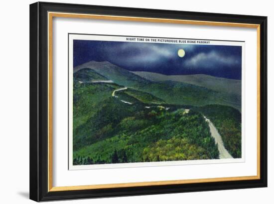 North Carolina - Moonlight Scene on the Picturesque Blue Ridge Parkway-Lantern Press-Framed Art Print